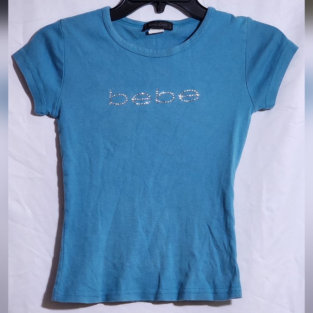 Bebe Y2K Blue Rhinestone Logo Babydoll T-Shirt